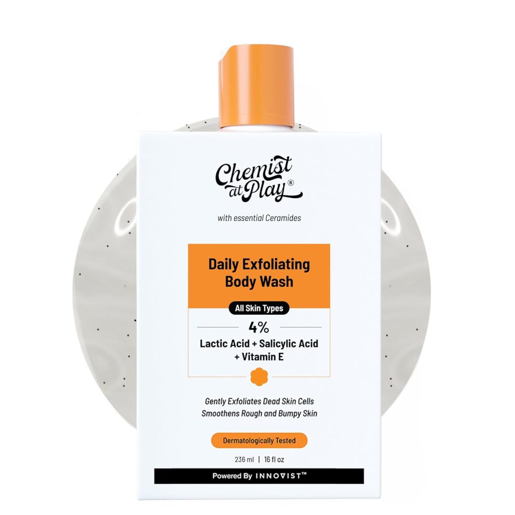 Chemist At Play Exfoliating Body Wash 236ml | 4% (Salicylic Acid, Vitamin E and Lactic Acid) | Paraben & SLS Free | Gentle Exfoliating Shower Gel | Removes Tan & Body Acne | Prevents Dry, Rough, Bumpy Skin | Men & Women