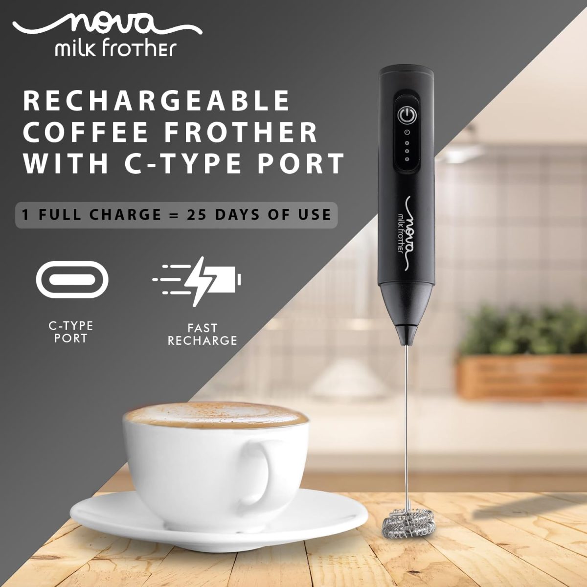 Nova Rechargeable Milk Frother & Coffee Whisker with Dual Spring Tech | 1 Year Replacement Warranty | Free Coffee Frothing Recipe Book - Image 2