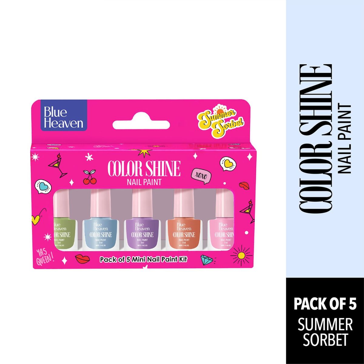 Blue Heaven Color Shine Nail Polish pack of 5, Glossy gel Finish Nail paint with Stunning colors for every Occasion - Summer Sorbet, 25ml - Image 2