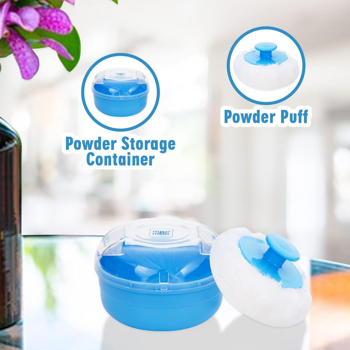 Mee Mee Soft Feel Powder Puff with Box Holder Container for New Born and Kids | Gentle Touch for Your Little One's Skin | BPA-Free | Talcum Powder Container | Portable Baby Grooming Puff Case (Blue) - Image 2