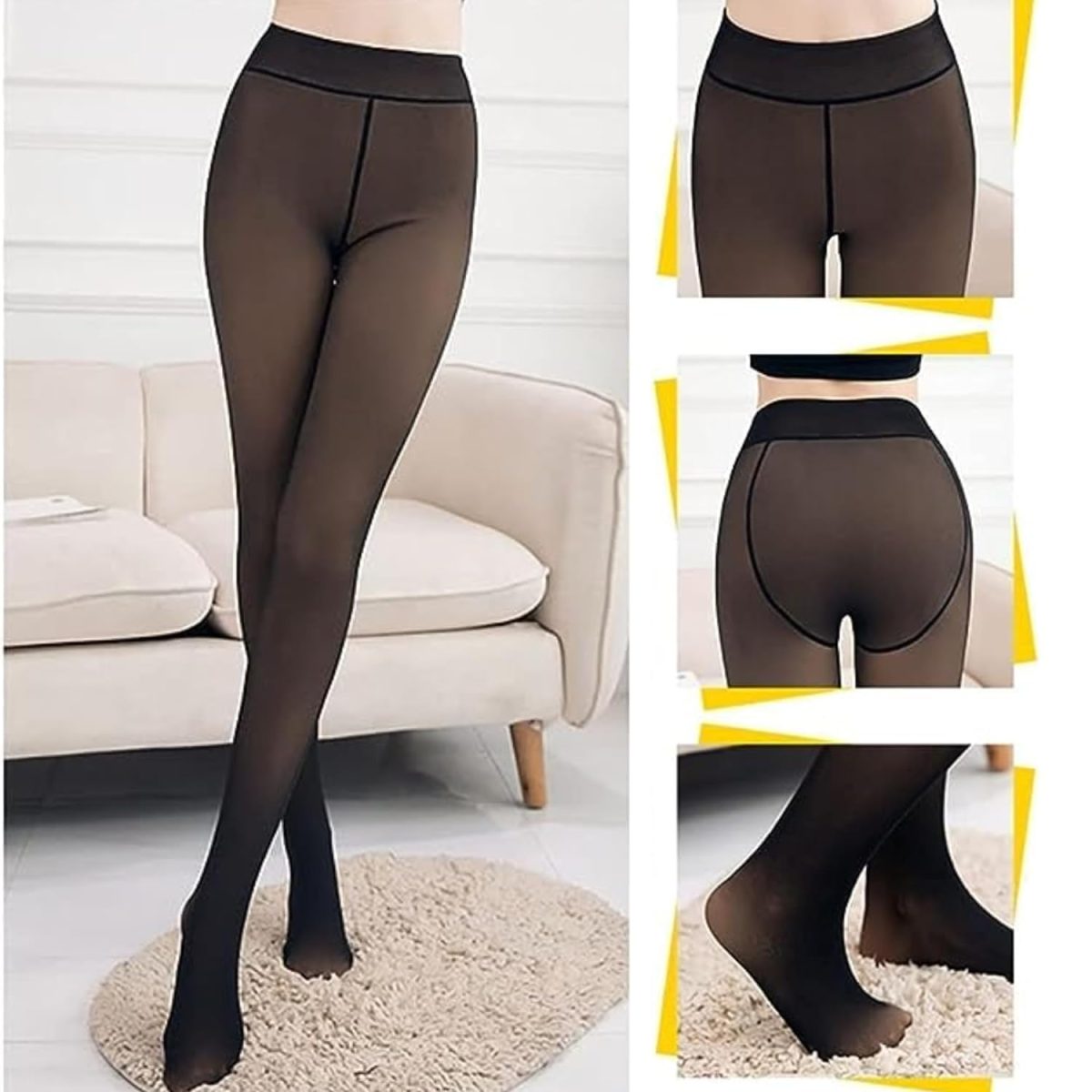 HSR Winter Warm Thermal Fleece Lined Dual-Tone Women Velvet Touch Leggings Tights Pants (Waist Size : 26 to 34 Inch Stretchable) (Black-Footed) - Image 4