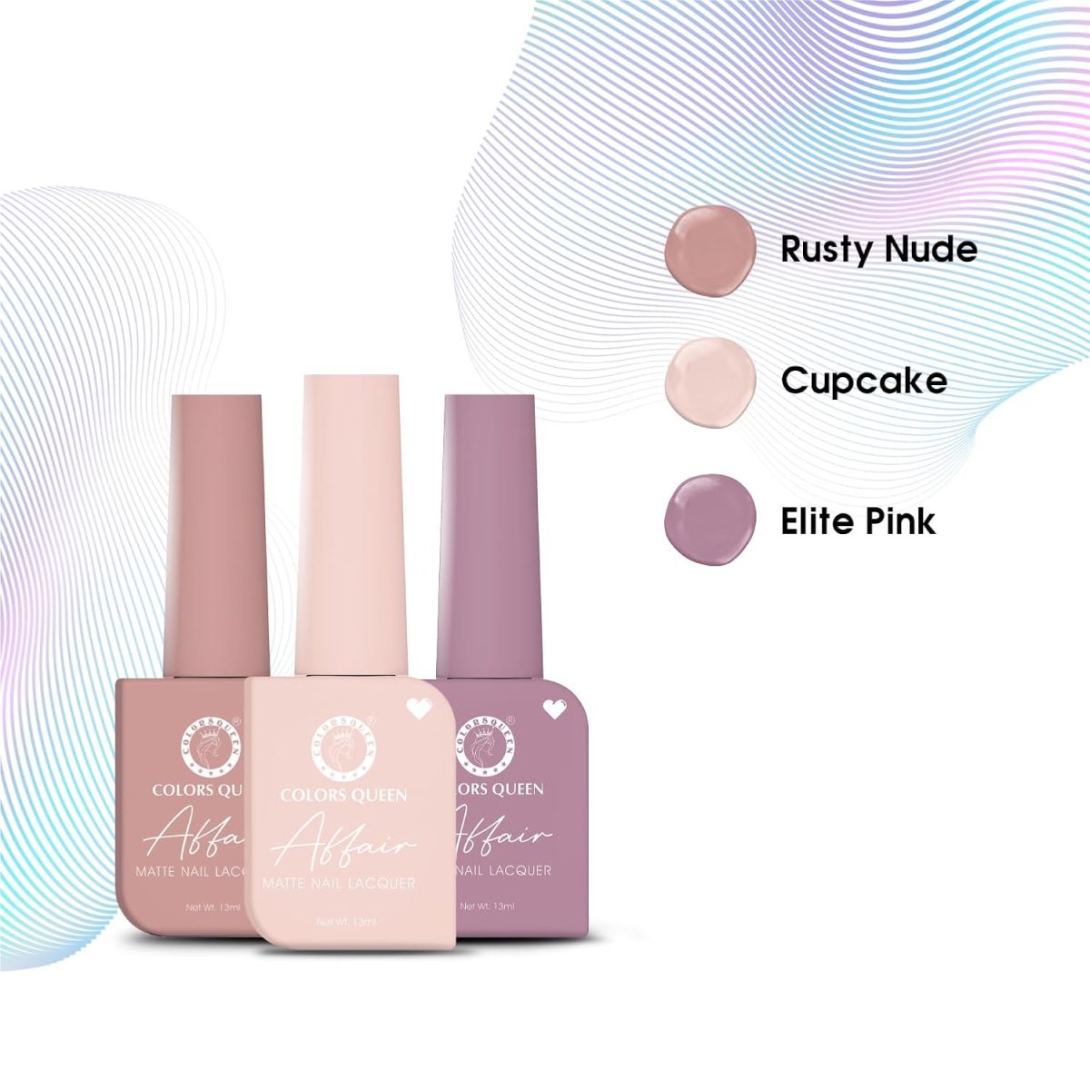 Colors Queen Affair Matte Nail Paint Set of 3-02 Rusty Nude, Cupcake & Elite Pink| Quick Drying Nail Polish, Semi Matte Finish Nail Kit | Highly Pigmented & Long Lasting Enamel 13ml Each - Image 3