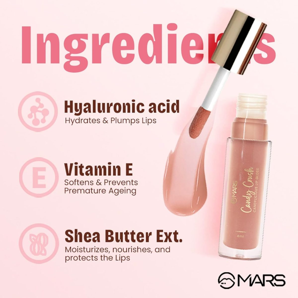 MARS Candylicious Sheer Lip Gloss for Women | Hydrating & High Shine | Lightweight | Non-Sticky | Enriched with Vitamin-E, Hyaluronic Acid & Avocado Ester (4.0ml) (11-TOFFEE TWIRL) - Image 3