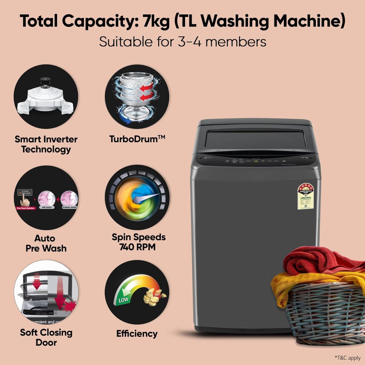 LG 7 Kg 5 Star Smart Inverter Technology Fully Automatic Top Load Washing Machine (T70VBMB1Z, Auto Prewash, Turbodrum, Stainless Steel drum, LED Display, Smart Diagnosis Middle Black) - Image 2