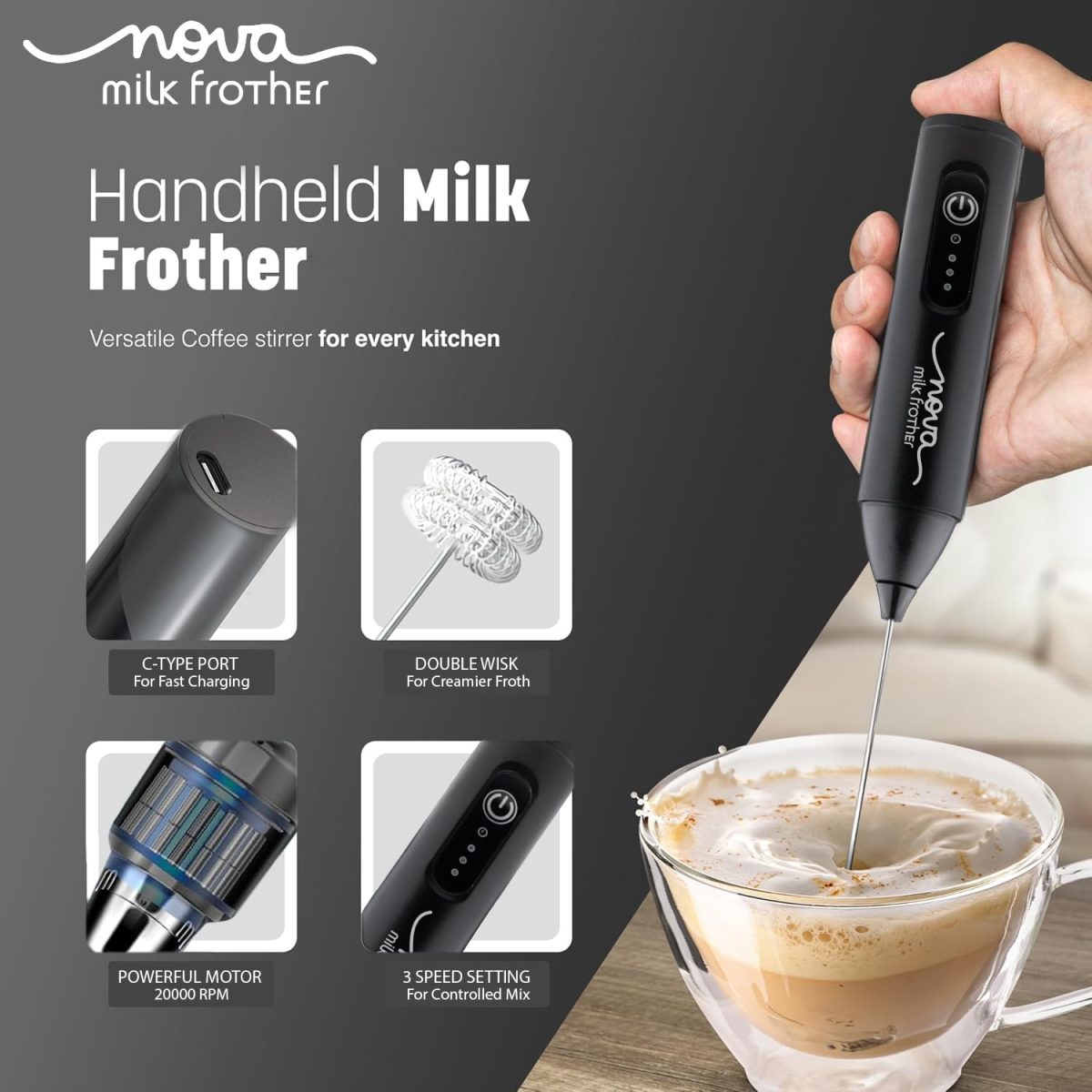 Nova Rechargeable Milk Frother & Coffee Whisker with Dual Spring Tech | 1 Year Replacement Warranty | Free Coffee Frothing Recipe Book - Image 3