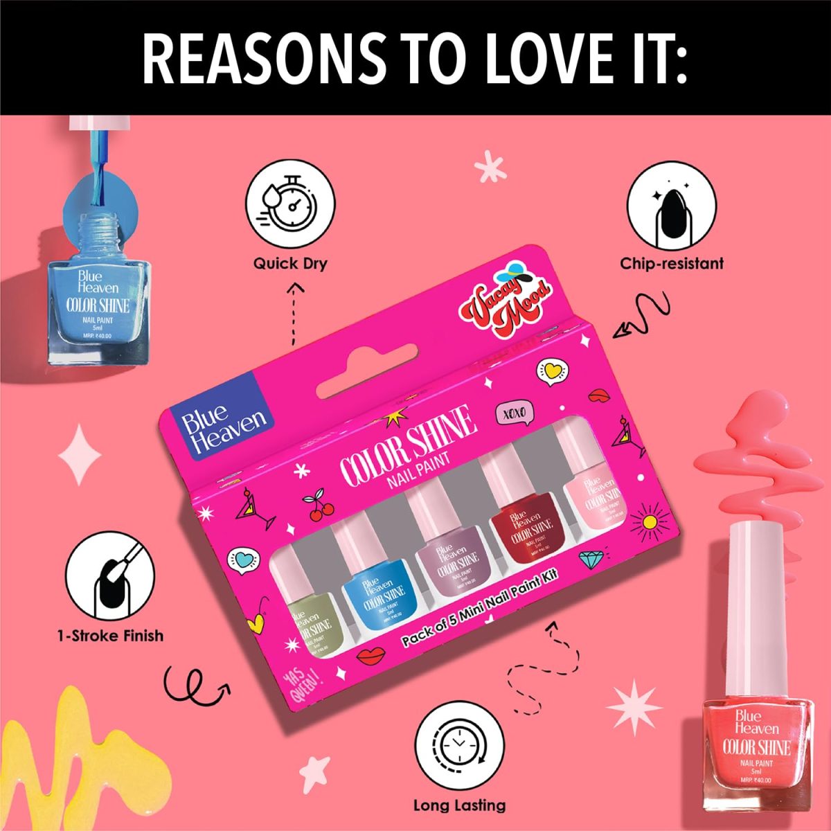 Blue Heaven Color Shine Nail Polish pack of 5, Glossy gel Finish Nail paint with Stunning colors for every Occasion - Summer Sorbet, 25ml - Image 5
