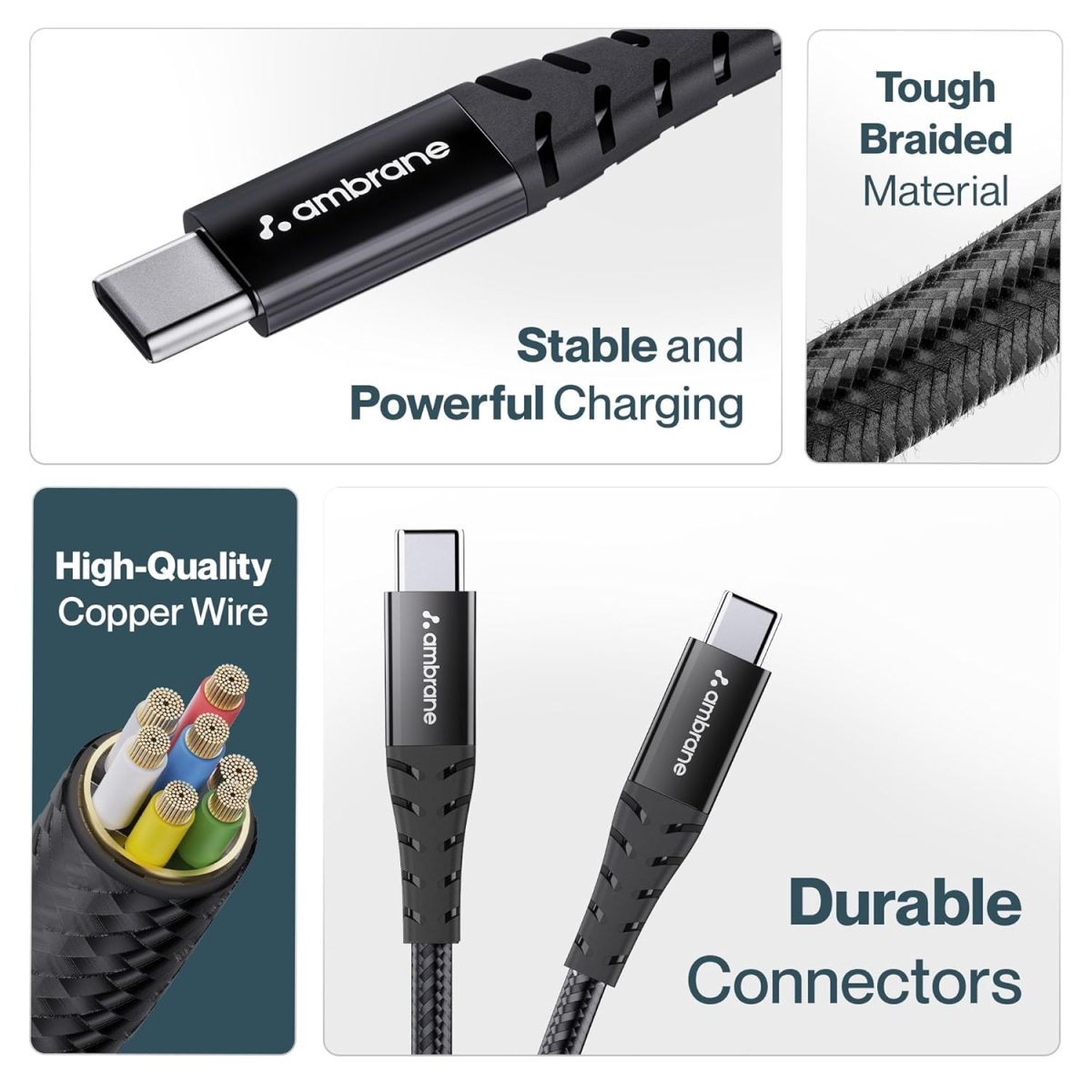 Ambrane Unbreakable 60W Fast Charging 1.5M Braided Type C to Type C Cable for Smartphones, Tablets, Laptops & Other Type C Devices, PD Technology, 480Mbps Data Sync (RCTT15, Black) - Image 6