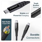 Ambrane Unbreakable 60W Fast Charging 1.5M Braided Type C to Type C Cable for Smartphones, Tablets, Laptops & Other Type C Devices, PD Technology, 480Mbps Data Sync (RCTT15, Black) - Image 6