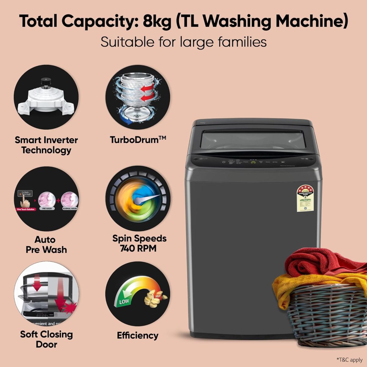 LG 8 Kg 5 Star Smart Inverter Technology Fully Automatic Top Load Washing Machine (T80VBMB4Z, Turbodrum, Auto Prewash, Stainless Steel drum, LED Display, Smart Diagnosis, Middle Black) - Image 2