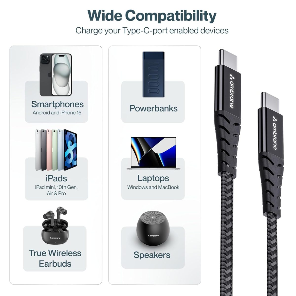 Ambrane Unbreakable 60W Fast Charging 1.5M Braided Type C to Type C Cable for Smartphones, Tablets, Laptops & Other Type C Devices, PD Technology, 480Mbps Data Sync (RCTT15, Black) - Image 4