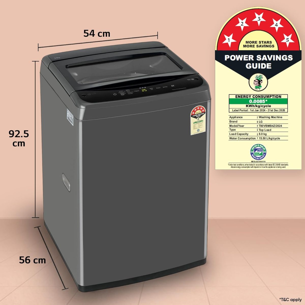 LG 8 Kg 5 Star Smart Inverter Technology Fully Automatic Top Load Washing Machine (T80VBMB4Z, Turbodrum, Auto Prewash, Stainless Steel drum, LED Display, Smart Diagnosis, Middle Black) - Image 5