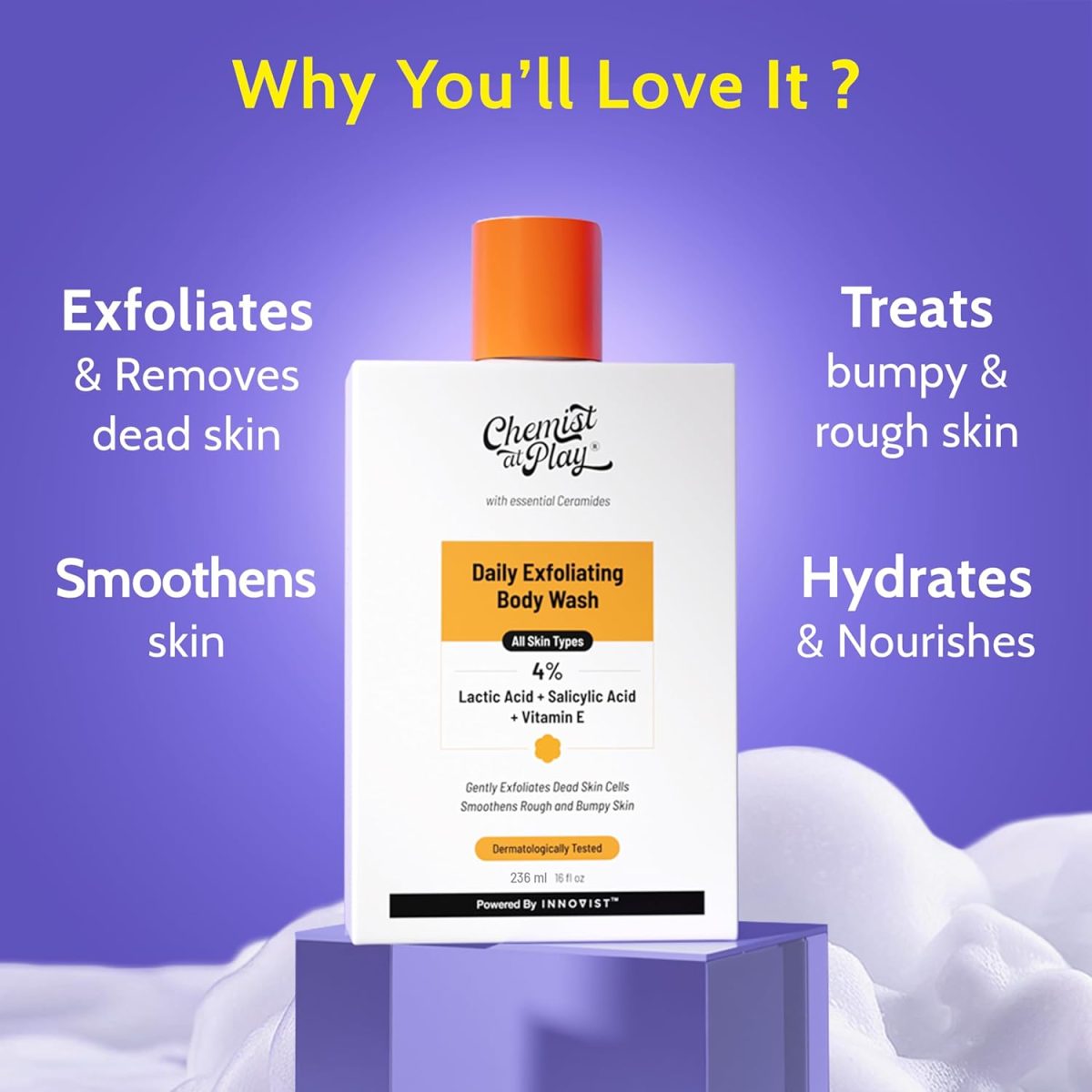 Chemist At Play Exfoliating Body Wash 236ml | 4% (Salicylic Acid, Vitamin E and Lactic Acid) | Paraben & SLS Free | Gentle Exfoliating Shower Gel | Removes Tan & Body Acne | Prevents Dry, Rough, Bumpy Skin | Men & Women - Image 2