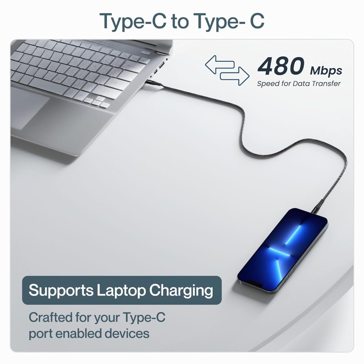 Ambrane Unbreakable 60W Fast Charging 1.5M Braided Type C to Type C Cable for Smartphones, Tablets, Laptops & Other Type C Devices, PD Technology, 480Mbps Data Sync (RCTT15, Black) - Image 5