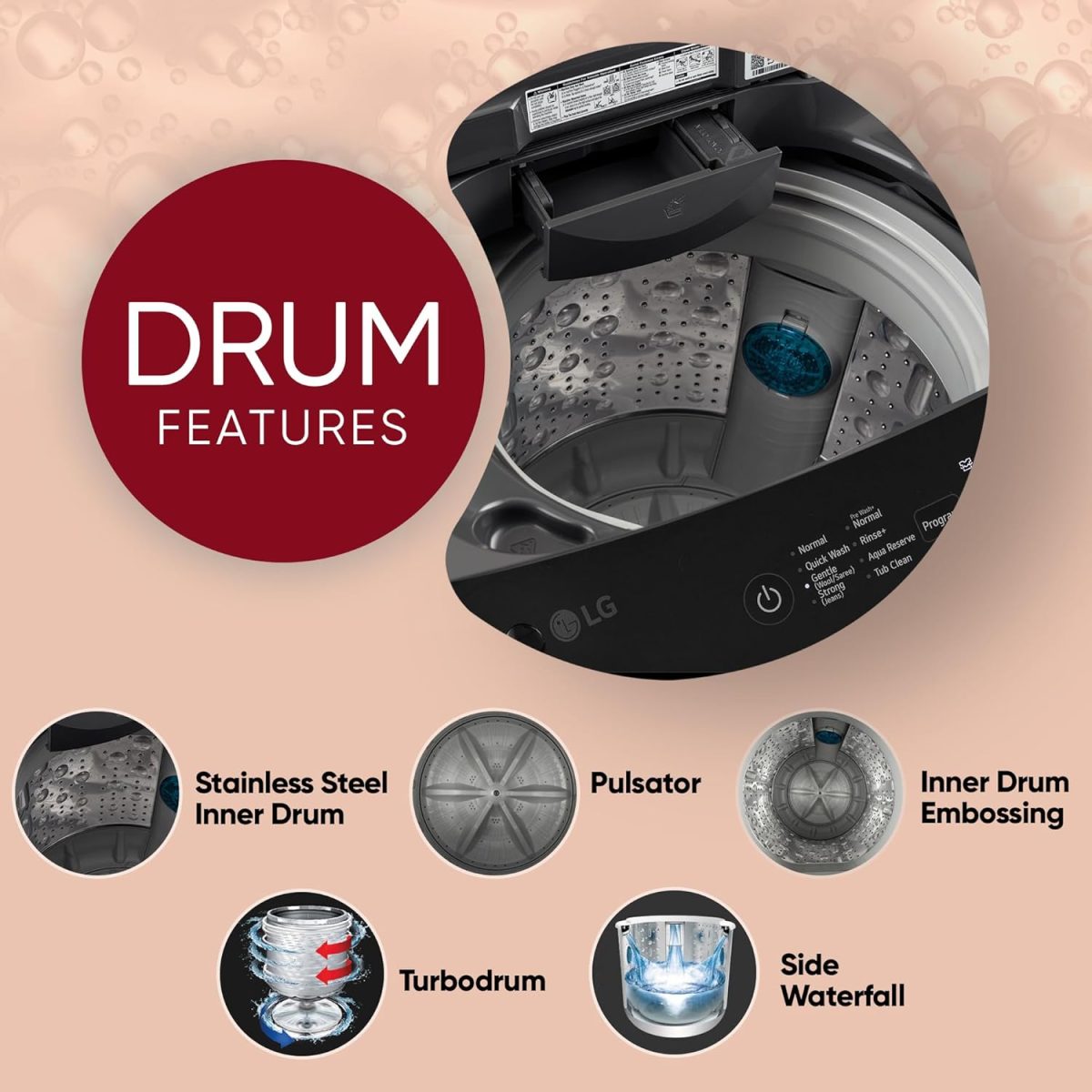 LG 7 Kg 5 Star Smart Inverter Technology Fully Automatic Top Load Washing Machine (T70VBMB1Z, Auto Prewash, Turbodrum, Stainless Steel drum, LED Display, Smart Diagnosis Middle Black) - Image 3