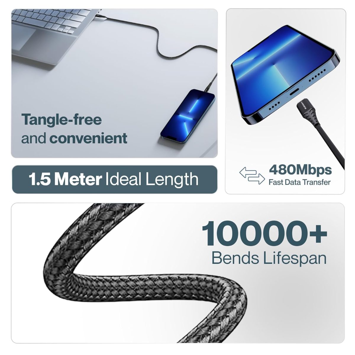 Ambrane Unbreakable 60W Fast Charging 1.5M Braided Type C to Type C Cable for Smartphones, Tablets, Laptops & Other Type C Devices, PD Technology, 480Mbps Data Sync (RCTT15, Black) - Image 3