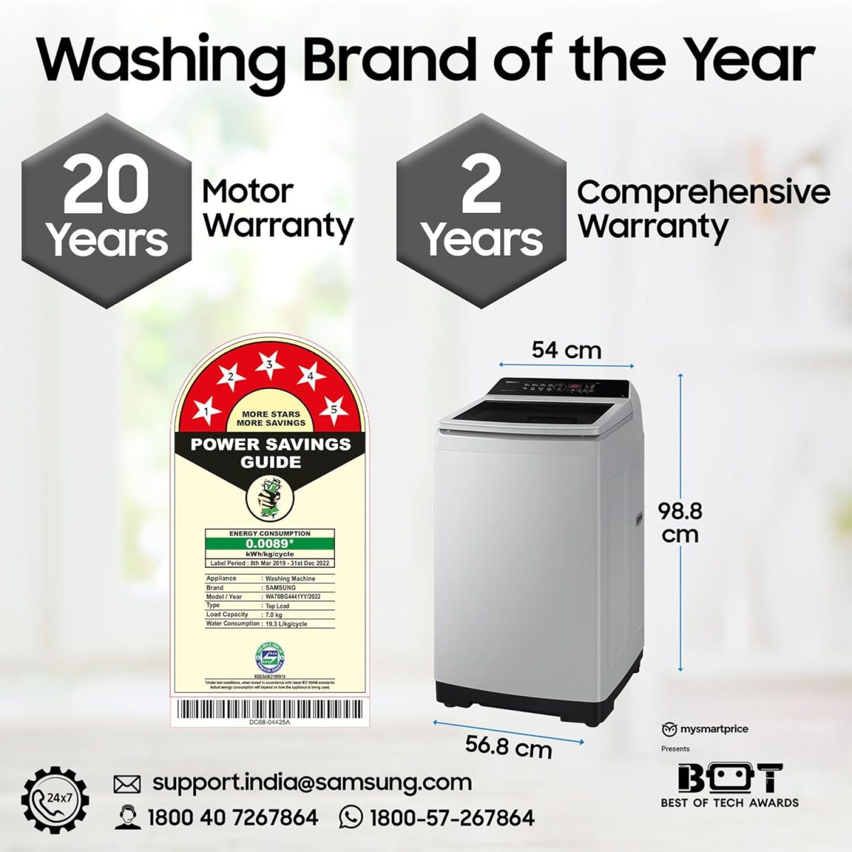 Samsung 7 kg, Eco Bubble Technology, Digital Inverter Motor, Soft Closing Door, Fully-Automatic Top Load Washing Machine (WA70BG4441YYTL, Lavender Gray) - Image 4