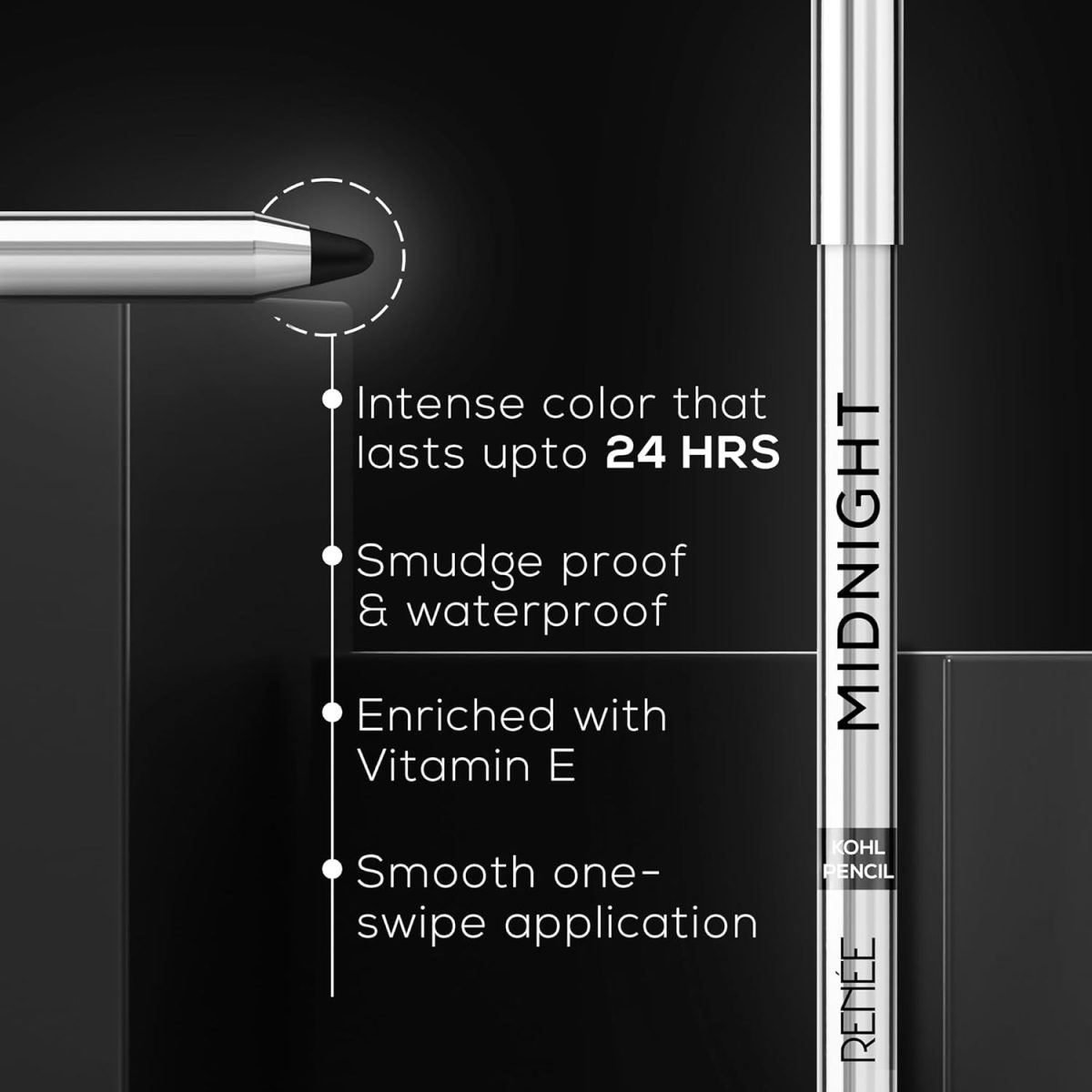 RENEE Midnight Kohl Kajal Pencil | Waterproof, Smudgeproof With Sharpener | 24 Hours Long Stay | Darkest Black | One Swipe Application | Vitamin E, Olive Oil and Castor Oil | Matte Finish |1.5 Gm - Image 3