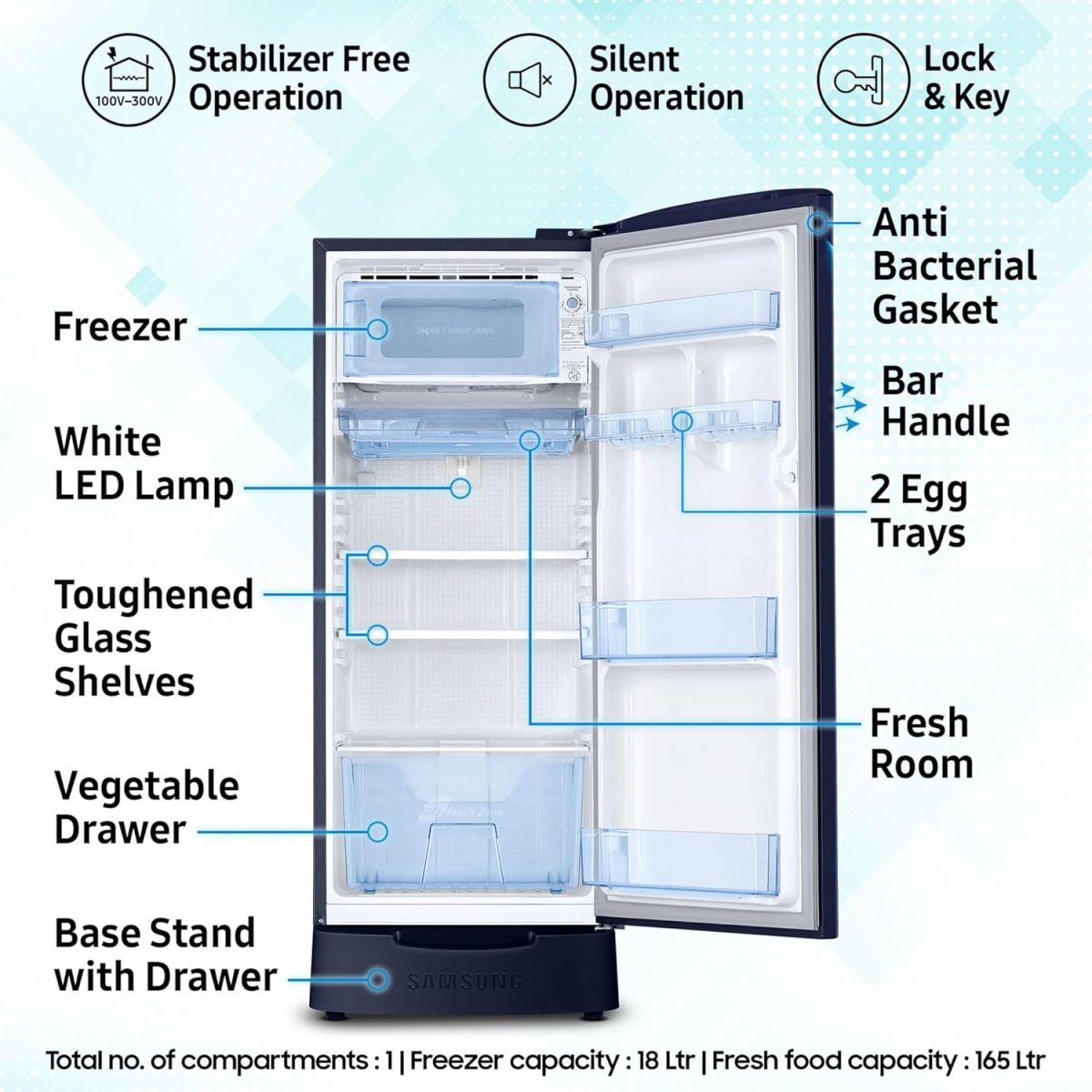 Samsung 183 L, 5 Star, Digital Inverter, Direct-Cool Single Door Refrigerator (RR20D2825HV/NL, Himalaya Poppy Blue, Base Stand Drawer) - Image 3