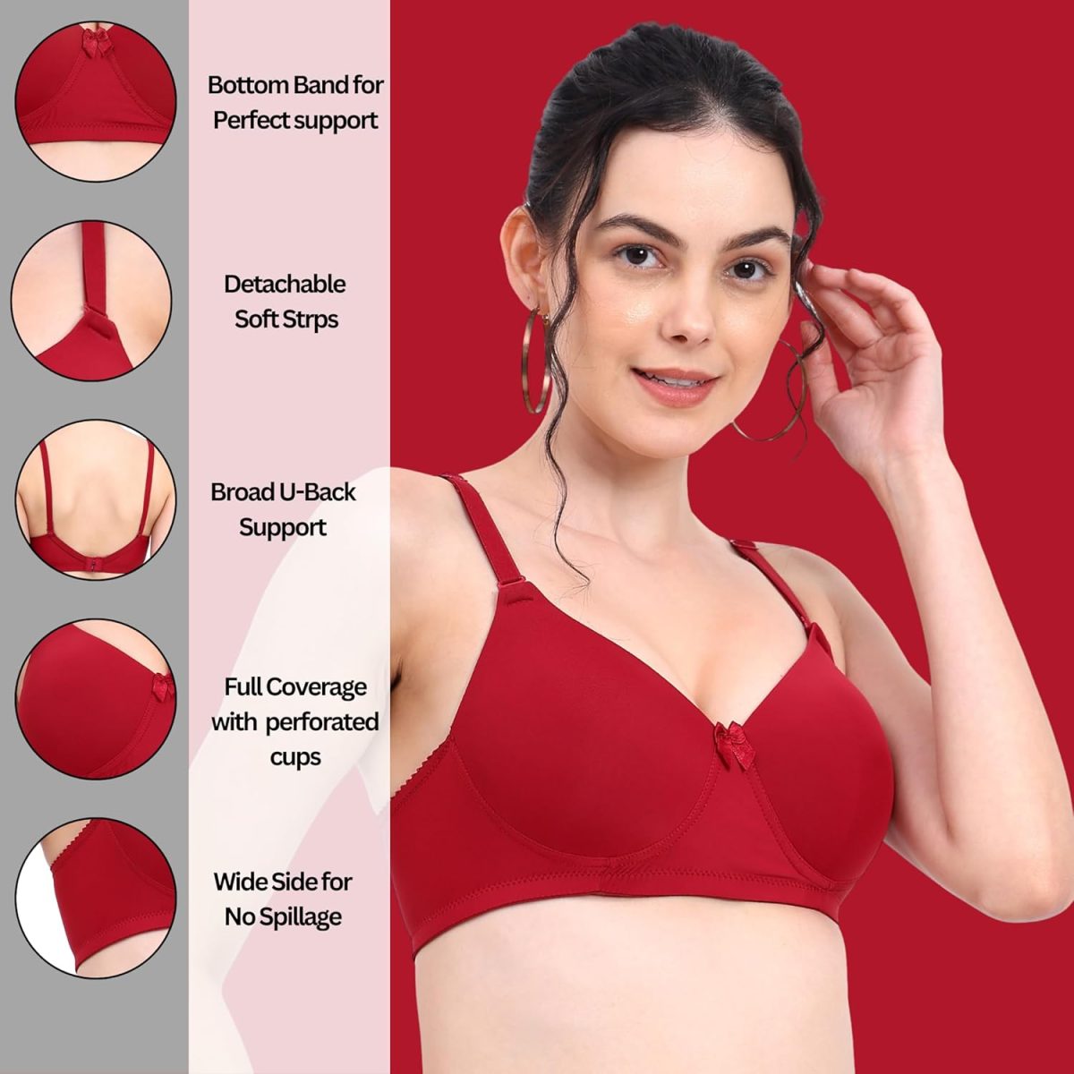 RACOS Women's Wire Free Seamless Full Coverage T-Shirt Bra | Push Up Lightly Padded Bra with Wide Straps in Black/Maroon/Skin Color for Everday Use - Image 2