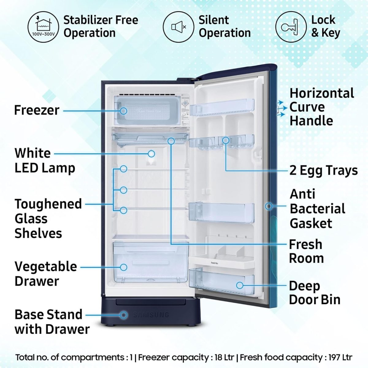 Samsung 215 L, 5 Star, Digital Inverter, Direct-Cool Single Door Refrigerator (RR23D2H359U/HL, Paradise Bloom Blue, Base Stand Drawer) - Image 3