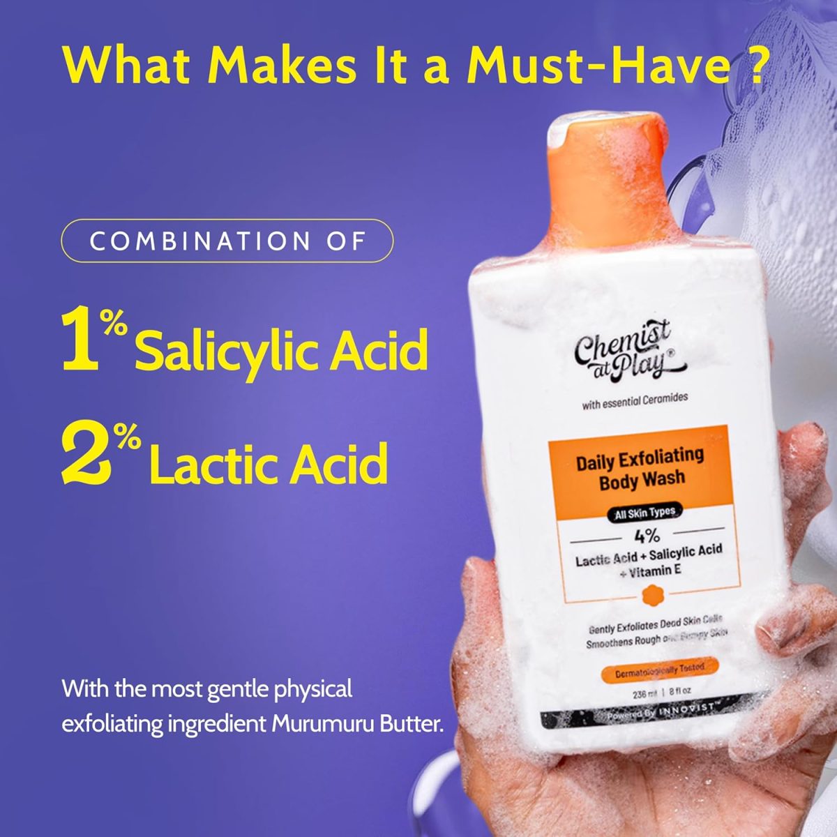 Chemist At Play Exfoliating Body Wash 236ml | 4% (Salicylic Acid, Vitamin E and Lactic Acid) | Paraben & SLS Free | Gentle Exfoliating Shower Gel | Removes Tan & Body Acne | Prevents Dry, Rough, Bumpy Skin | Men & Women - Image 3