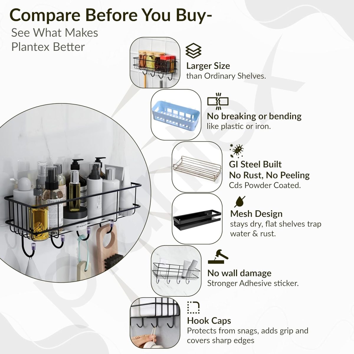 Plantex Bathroom Organizer Without Drill/GI Steel Self Adhesive Bathroom Shelf for Wall with Magic Stickers - Pack of 1 (Black, CED Powder Coated) - Image 4