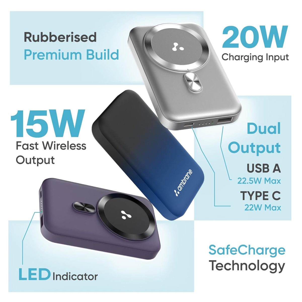 Ambrane MagSafe Wireless 10000mAh Fast Charging Power Bank, Strong Magnet, 22.5W Output for iPhone 12 & Above, Android & Other Qi Enabled Devices + Magnetic Ring (Aerosync Snap, Purple) - Image 2