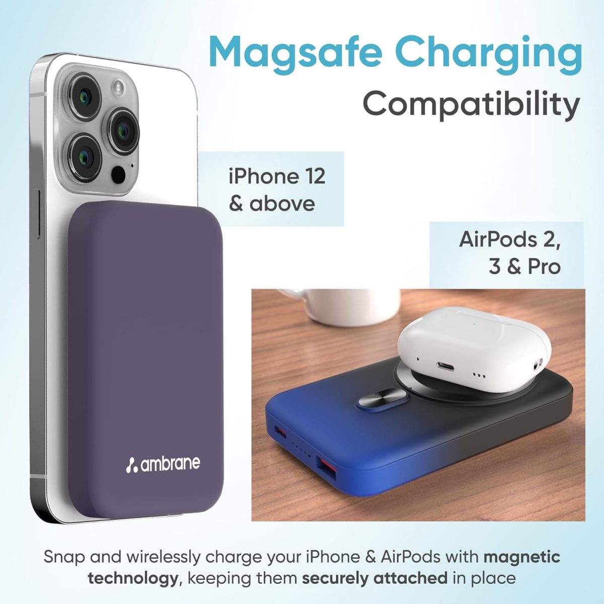 Ambrane MagSafe Wireless 10000mAh Fast Charging Power Bank, Strong Magnet, 22.5W Output for iPhone 12 & Above, Android & Other Qi Enabled Devices + Magnetic Ring (Aerosync Snap, Purple) - Image 4