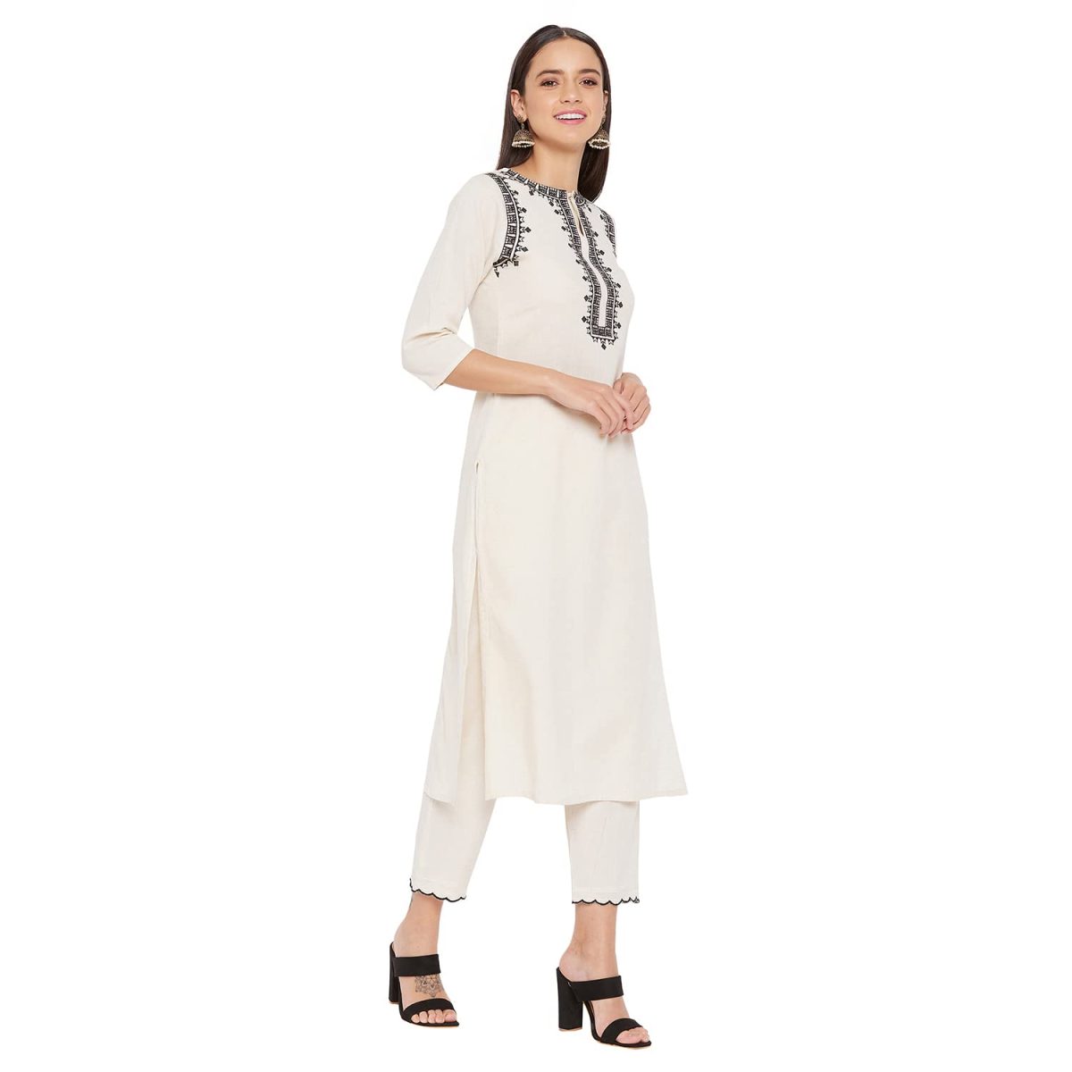 WineRed Women Off White cotton Embroidered Kurta and Pant Set - Image 5