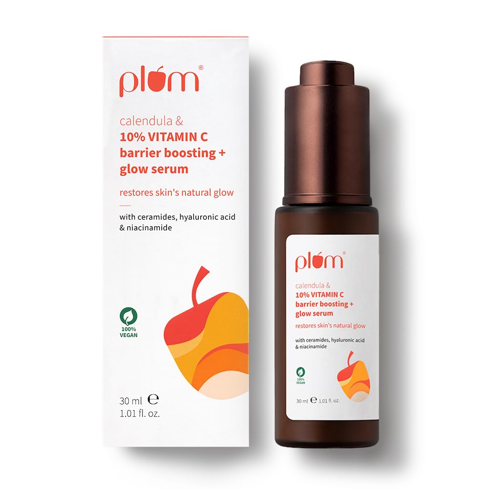 Plum 10% Vitamin C & Calendula Barrier Boosting + Glow Serum | Boosts glow from 1st use | Ceramides strengthens skin barrier | Niacinamide fights pigmentation & dark spots | Non-irritant| Men & Women | For all skin types | 30ml