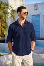 CB-COLEBROOK Men's Casual Button Down Shirts Long Sleeve Linen Shirt Fashion Textured Beach Summer Shirts - Image 3