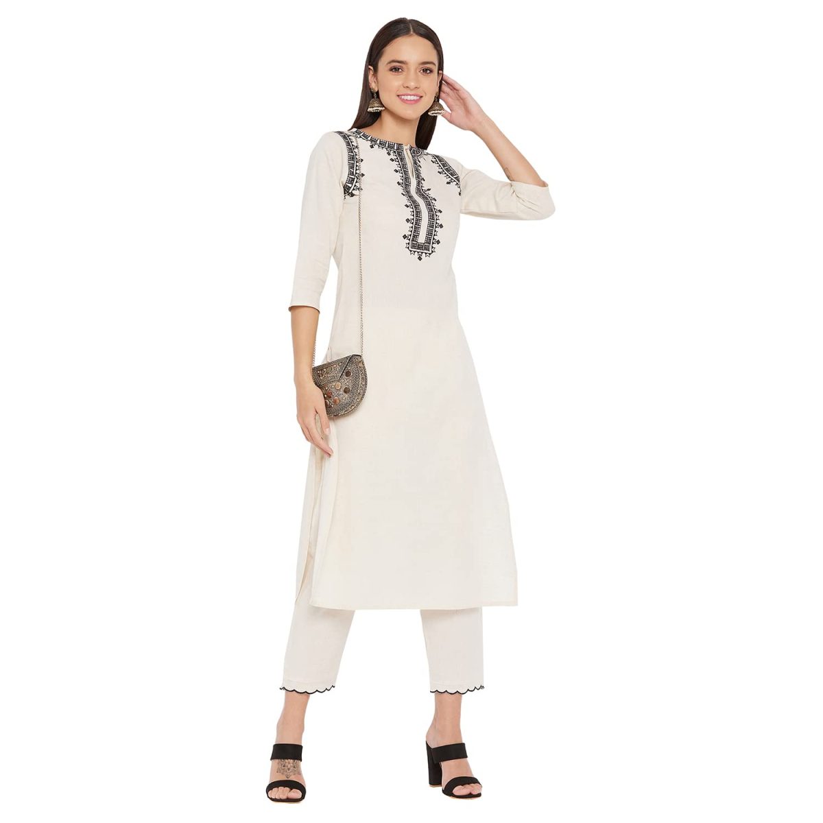 WineRed Women Off White cotton Embroidered Kurta and Pant Set - Image 3