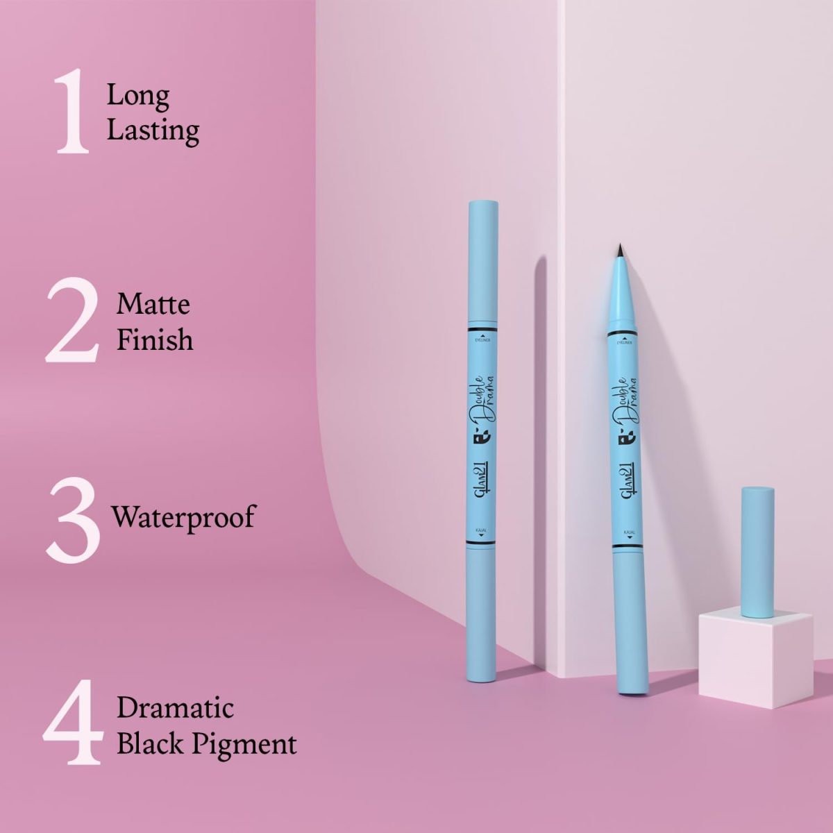 Glam21 Double Drama Kajal + Eyeliner Duo | Dramatic black pigment | Smudge proof| Waterproof| Matte finish| Long lasting upto 48 Hours| Creamy Formula| Intense color| Black - Image 3