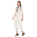 WineRed Women Off White cotton Embroidered Kurta and Pant Set - Image 4