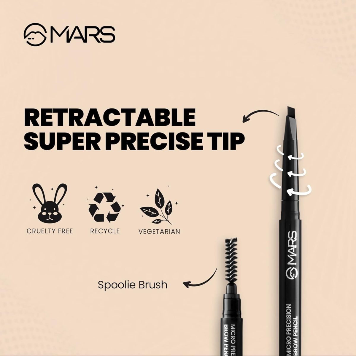 MARS Micro Precision Brow Pencil with spoolie | Retractable & Easy Glide | Long Lasting & Natural finish (0.4 g) (Black) - Image 2