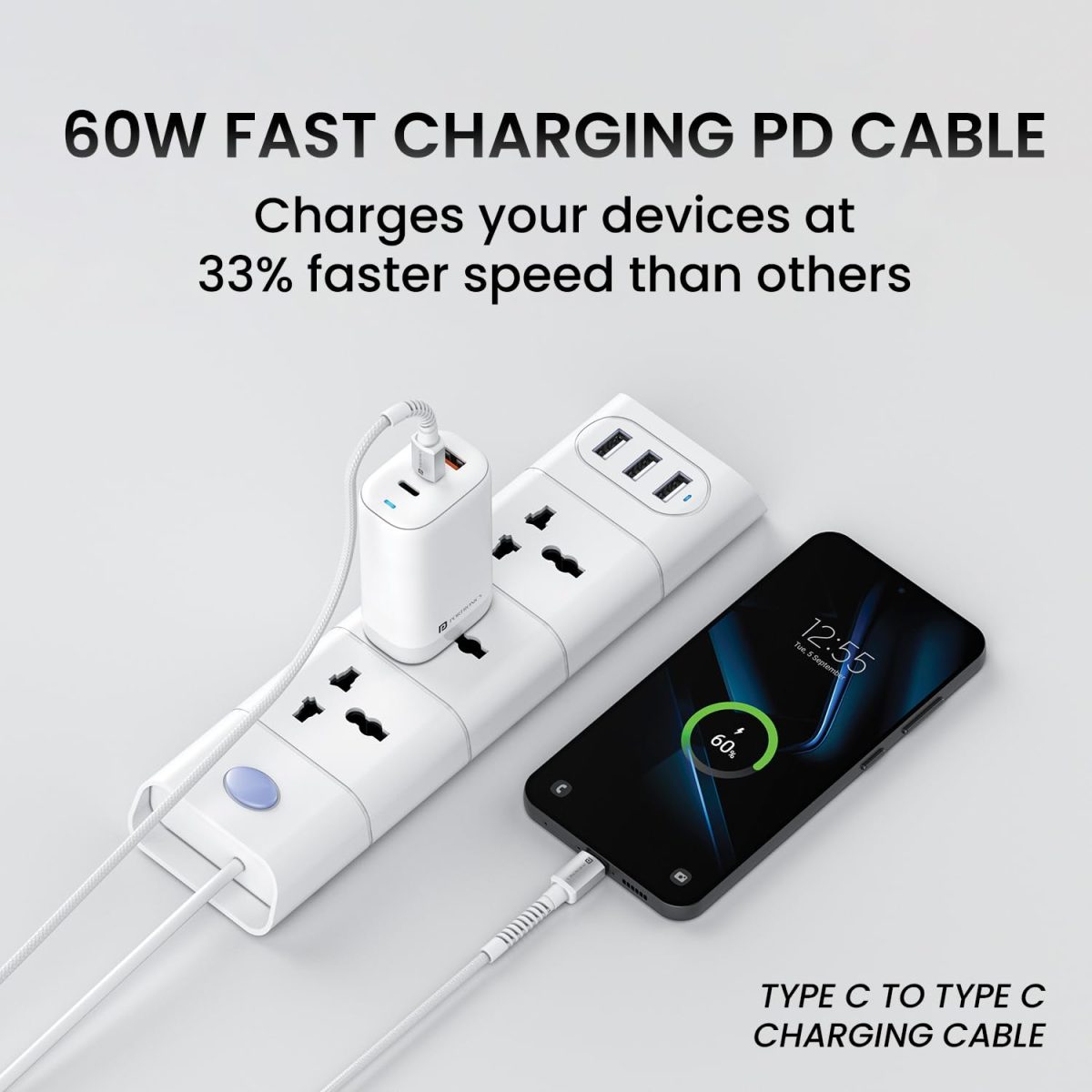 Portronics Konnect X 60W Type C to Type C Unbreakable Nylon Braided Cable, 2M Fast Charging Cable for iPhone 15 series, iPad, Samsung Galaxy & other Type C Devices(White) - Image 5