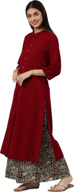 Yash Gallery Women'S Cotton Slub & Cambric Cotton Solid & Kalamkari Printed Straight Kurta Palazzo Set For Women - Image 3