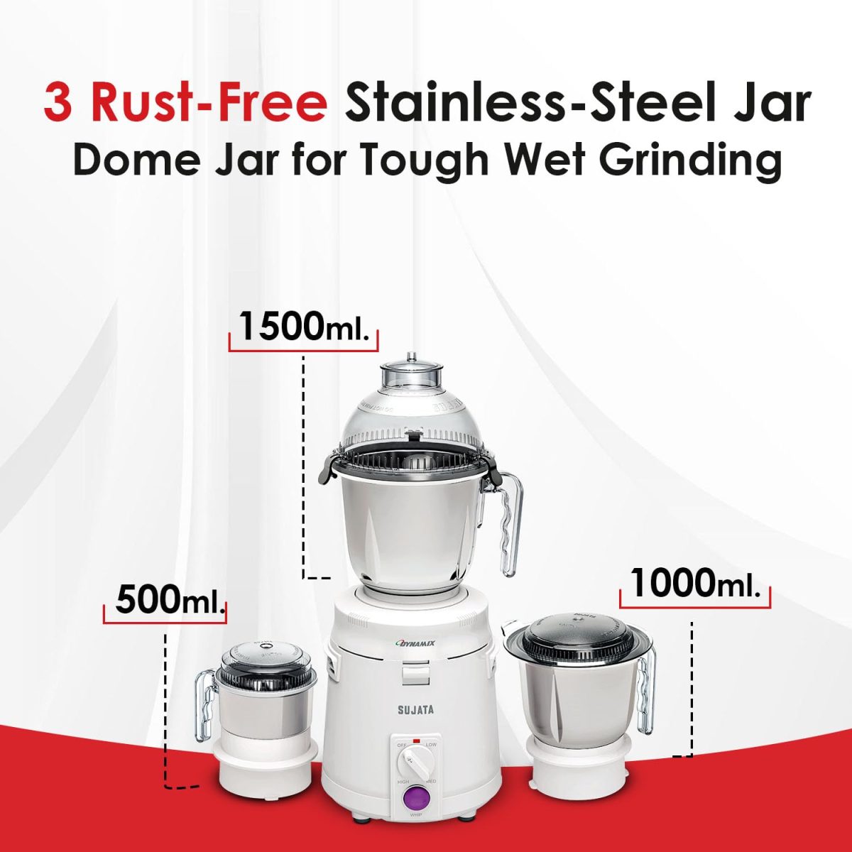 Sujata Dynamix 900 Watts Mixer Grinder | 22000 Rotations Per Min | 90 Minutes Continuous Running | 3 Versatile Jars 1500 ml, 1000 ml and 400 ml - Image 4