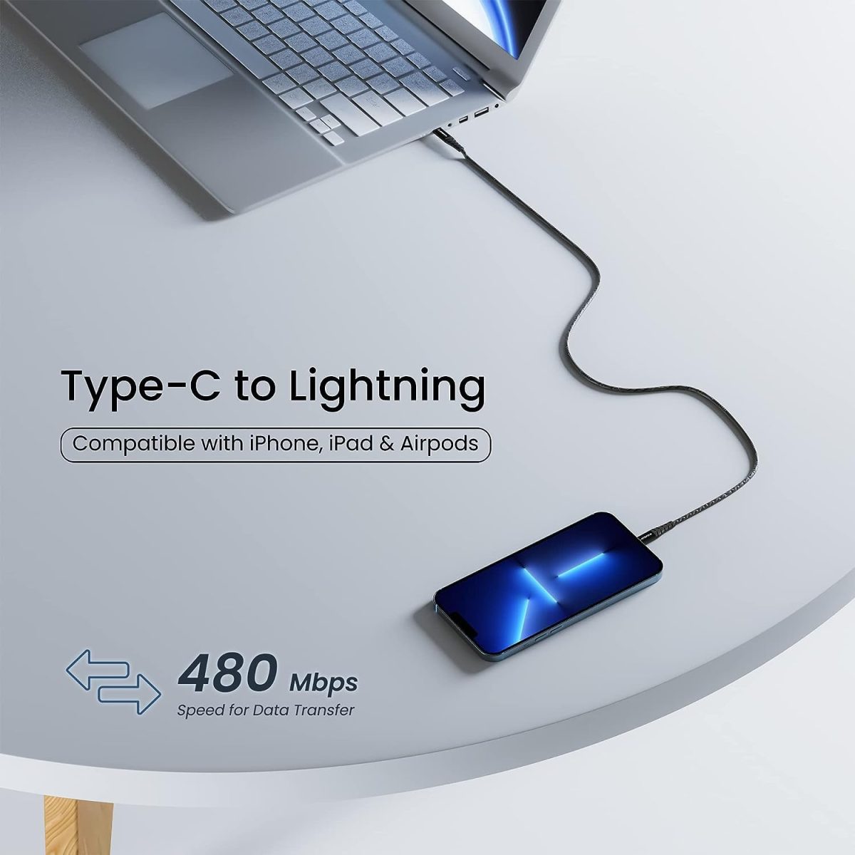 Ambrane Type-C to Lightning USB Cable, 22.5W Fast Charging, 480Mbps Data Sync Cable Compatible with iPhone, iPad, Macbook, iMac, AirPods, 1.25m (ABTL-125 Black) - Image 3