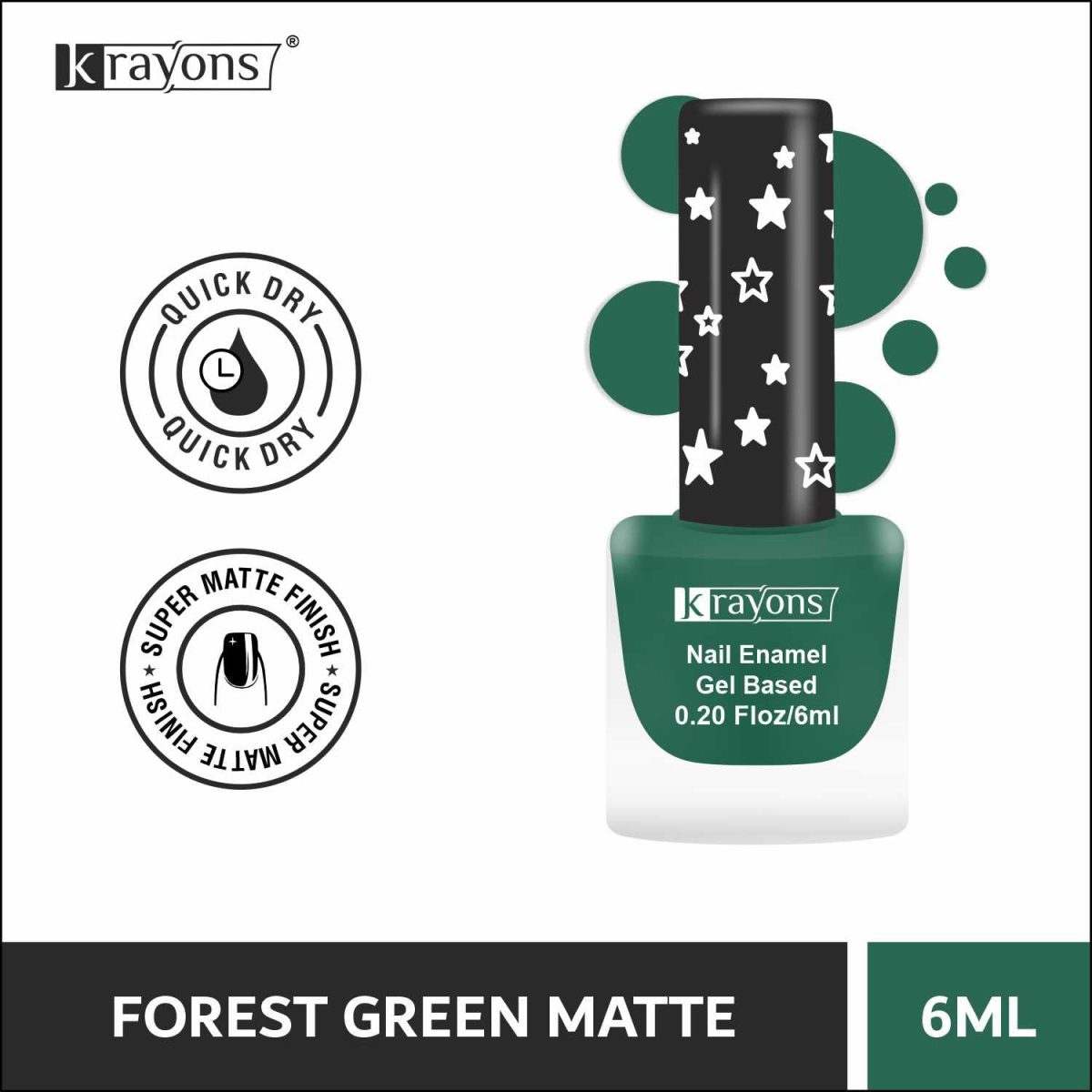 Krayons Cute Super Matte Finish Nail Enamel, Quick Dry, Smooth Finish, LongLasting, 6ml (Forest Green Matte) - Image 2