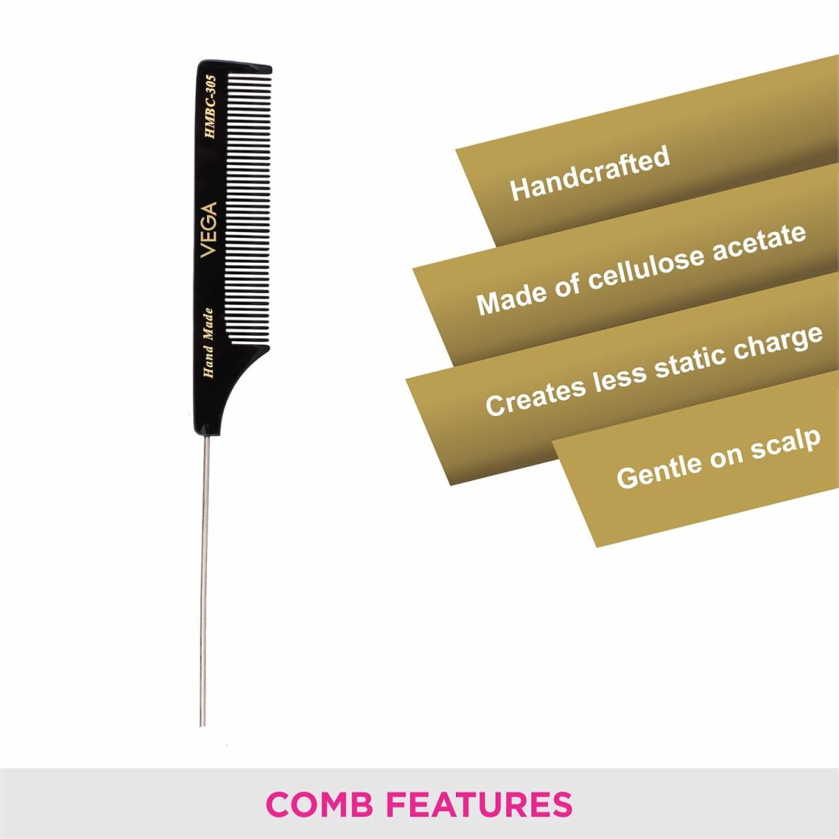Vega Tail Hair Comb(India's No.1* Hair Comb Brand) with Steel Pin For Women, (HMBC-305) - Image 4