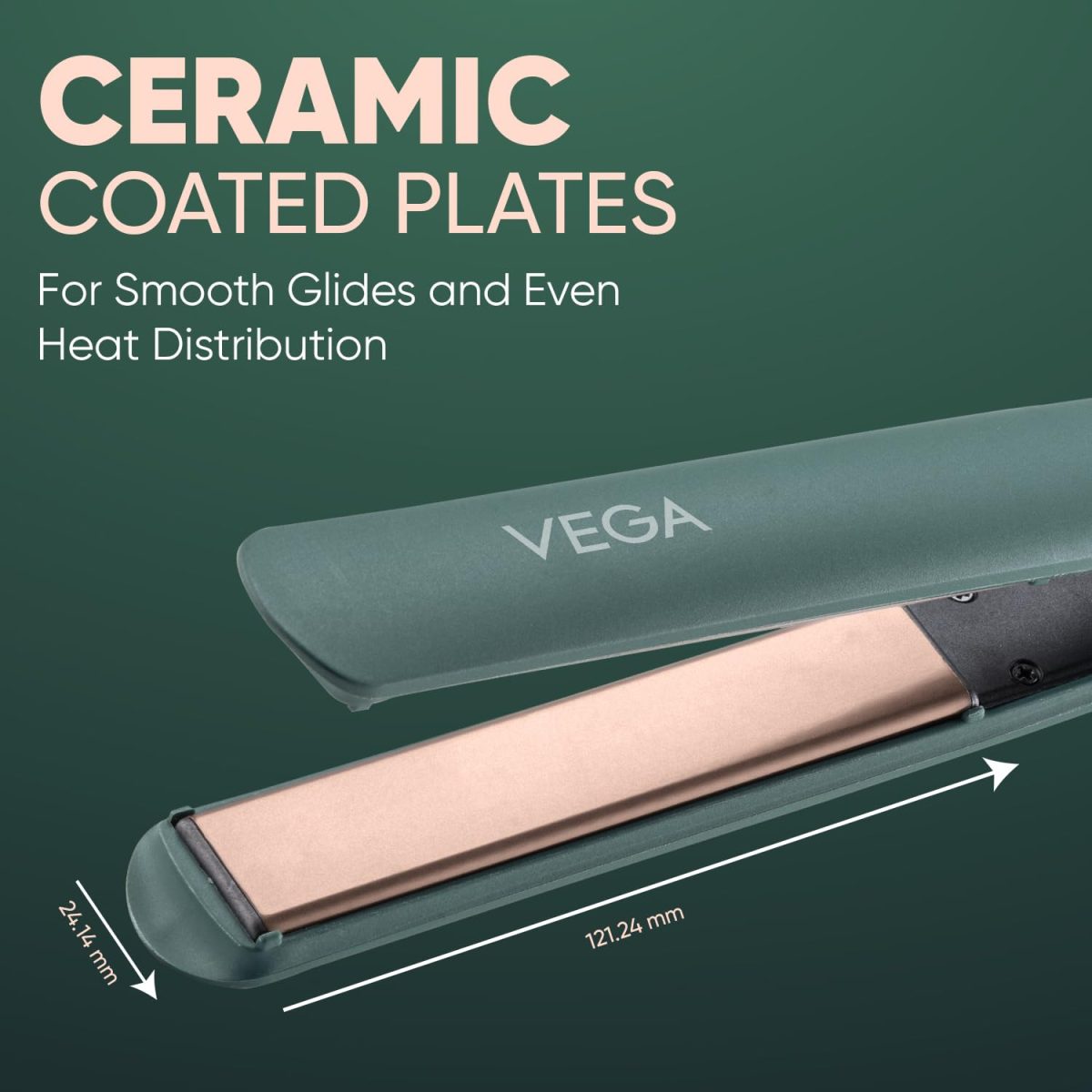 Vega Salon Smooth Hair Straightener for Women with Ceramic Coated Plates, Quick Heatup & Travel Friendly, Travel Lock, Green (VHSH-42) - Image 2