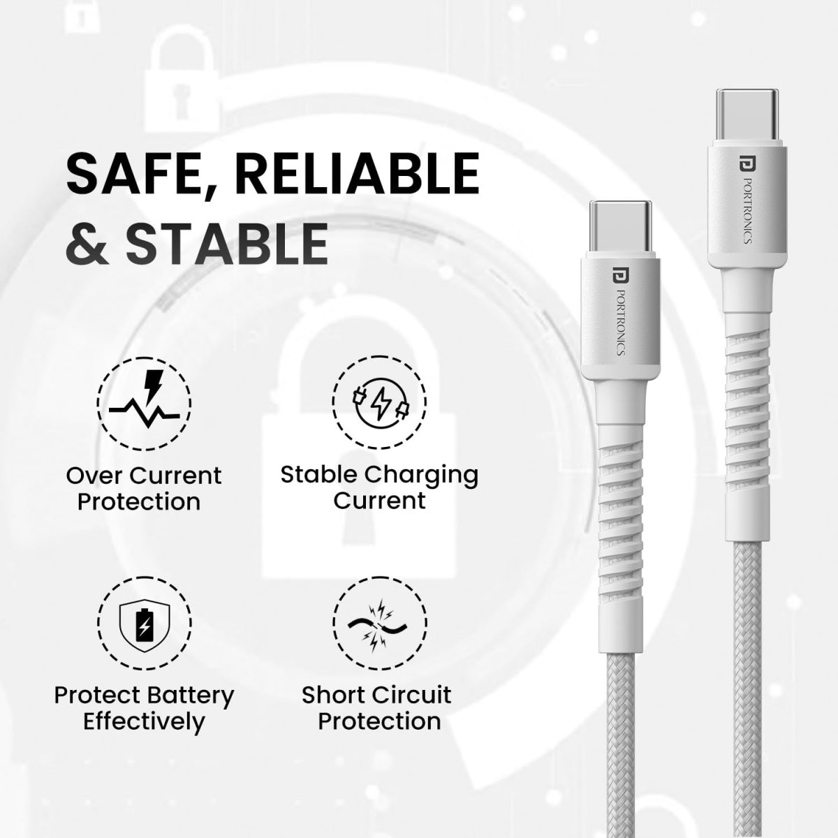 Portronics Konnect X 60W Type C to Type C Unbreakable Nylon Braided Cable, 2M Fast Charging Cable for iPhone 15 series, iPad, Samsung Galaxy & other Type C Devices(White) - Image 2