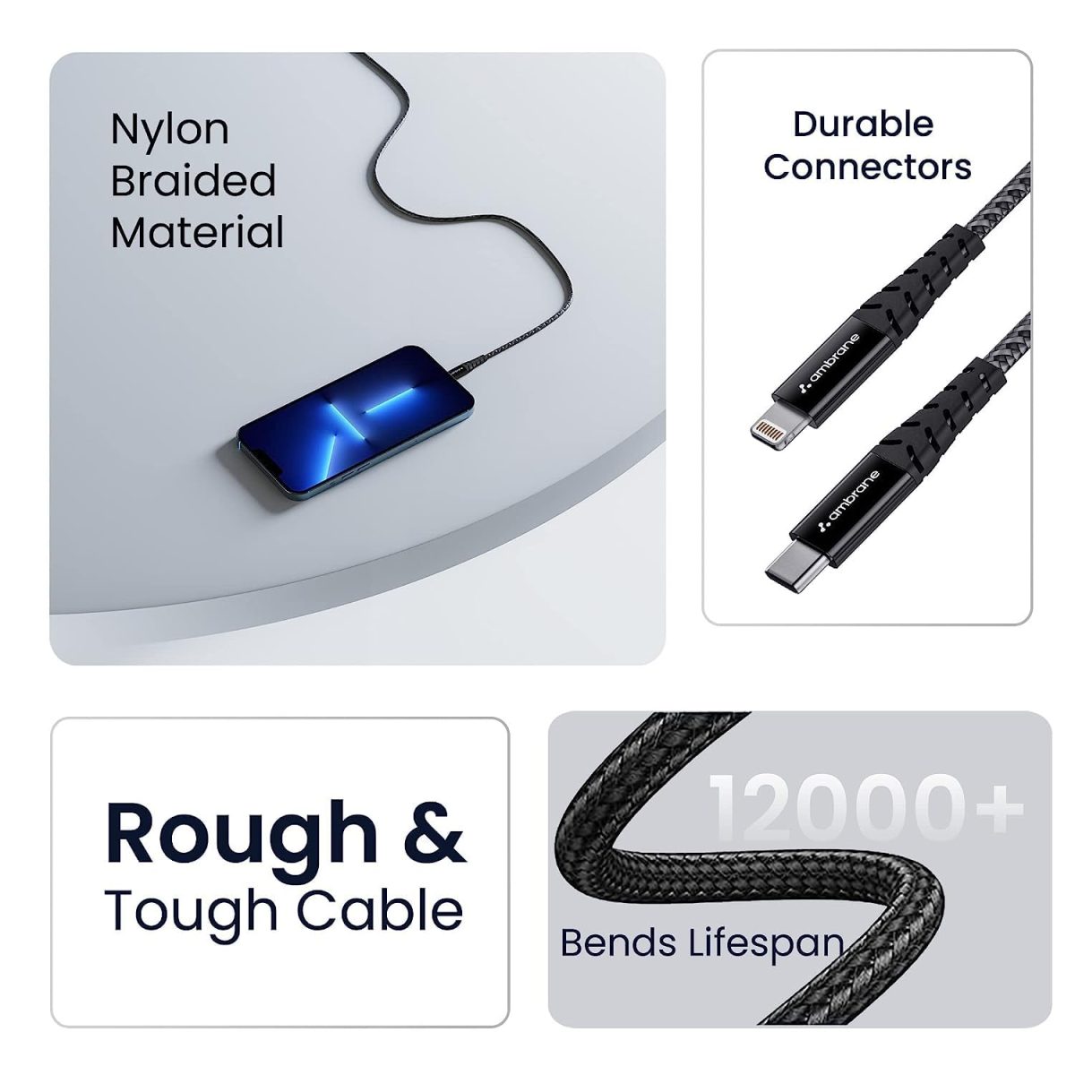 Ambrane Type-C to Lightning USB Cable, 22.5W Fast Charging, 480Mbps Data Sync Cable Compatible with iPhone, iPad, Macbook, iMac, AirPods, 1.25m (ABTL-125 Black) - Image 5