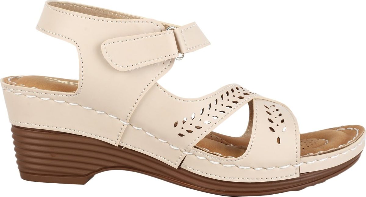 XE Looks Women's Cream Orthopedic Sandals with Adjustable Ankle Strap | Stylish Perforated Design and Cushioned Wedge Heel For Girls & Women - Image 5