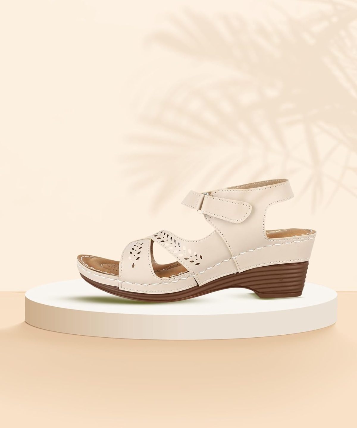 XE Looks Women's Cream Orthopedic Sandals with Adjustable Ankle Strap | Stylish Perforated Design and Cushioned Wedge Heel For Girls & Women - Image 2