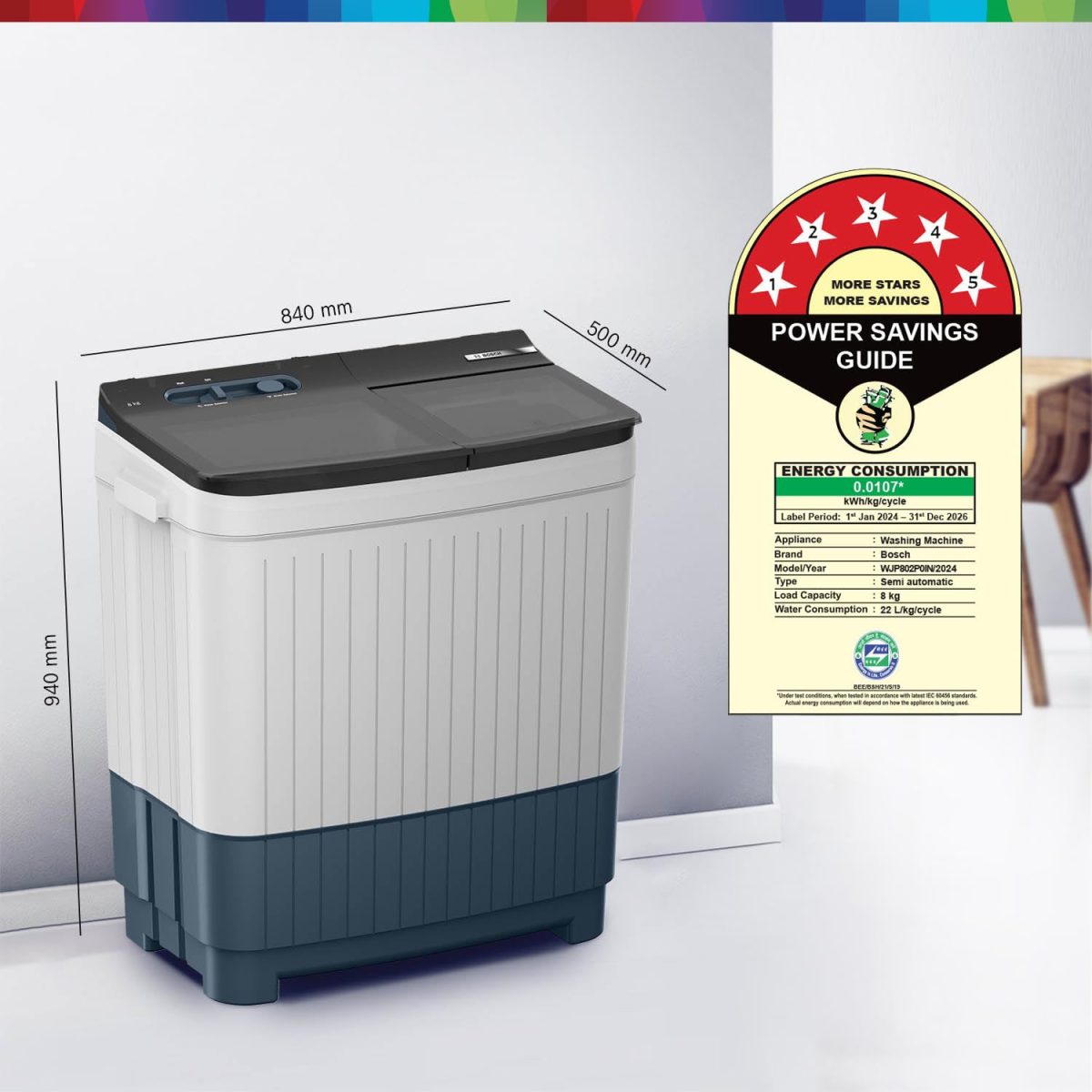 BOSCH 8 kg 5 Star with 1360 High RPM Spin Motor Semi Automatic Top Load Washing Machine Multicolor (WJP802P0IN) - Image 2