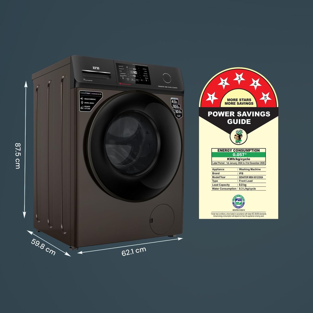 IFB 8 Kg 5 Star Powered by AI with 9 Swirl Wash, WiFi, Fully Automatic Front Load Washing Machine (Senator MBN 8012, Steam Refresh Program with Eco Inverter, Mocha) - Image 2