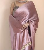 SHOPAZ Women's Ready to Wear Rose Gold Satin Silk 1 Minute Pre Pleated Heavy Saree with Hand Work Tassels - Image 4