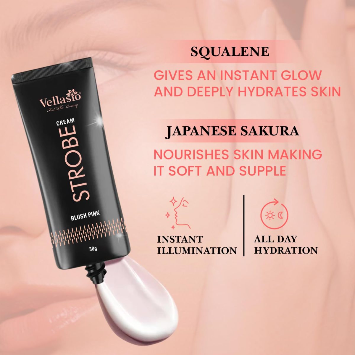 ellasio Strobe Cream - Blush Pink | Face Illuminator & Primer with Hyaluronic Acid, Squalene & Japanese Sakura | Dewy Glow, Hydration, Non-Comedogenic for All Skin Types - 30g - Image 5